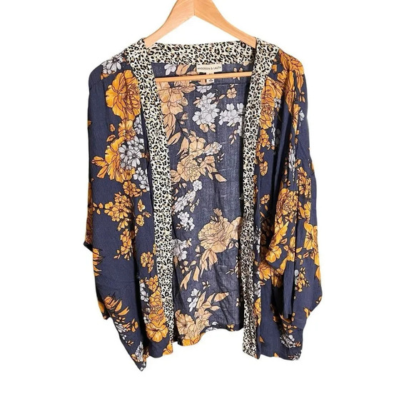 Anthropologie Anderson & Lauth Kimono Womens One Size Blue Gold Floral Cardigan - Picture 1 of 16